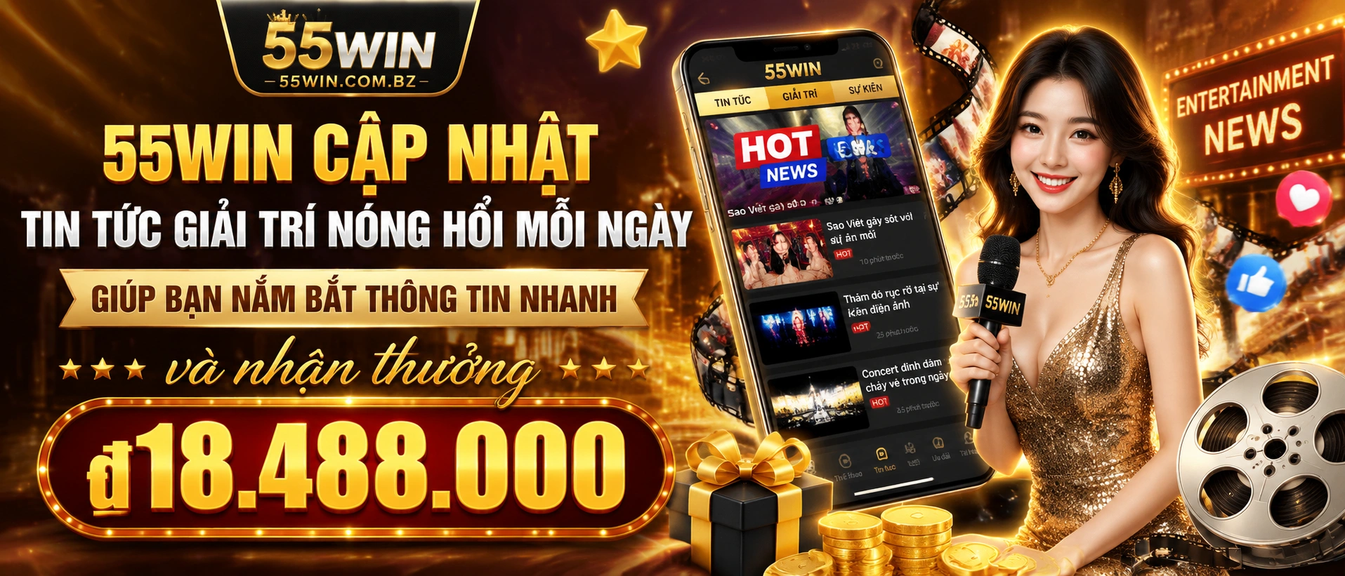 Giao diện tin tức 55WIN trên nền tối, hiển thị các mục cập nhật nhanh